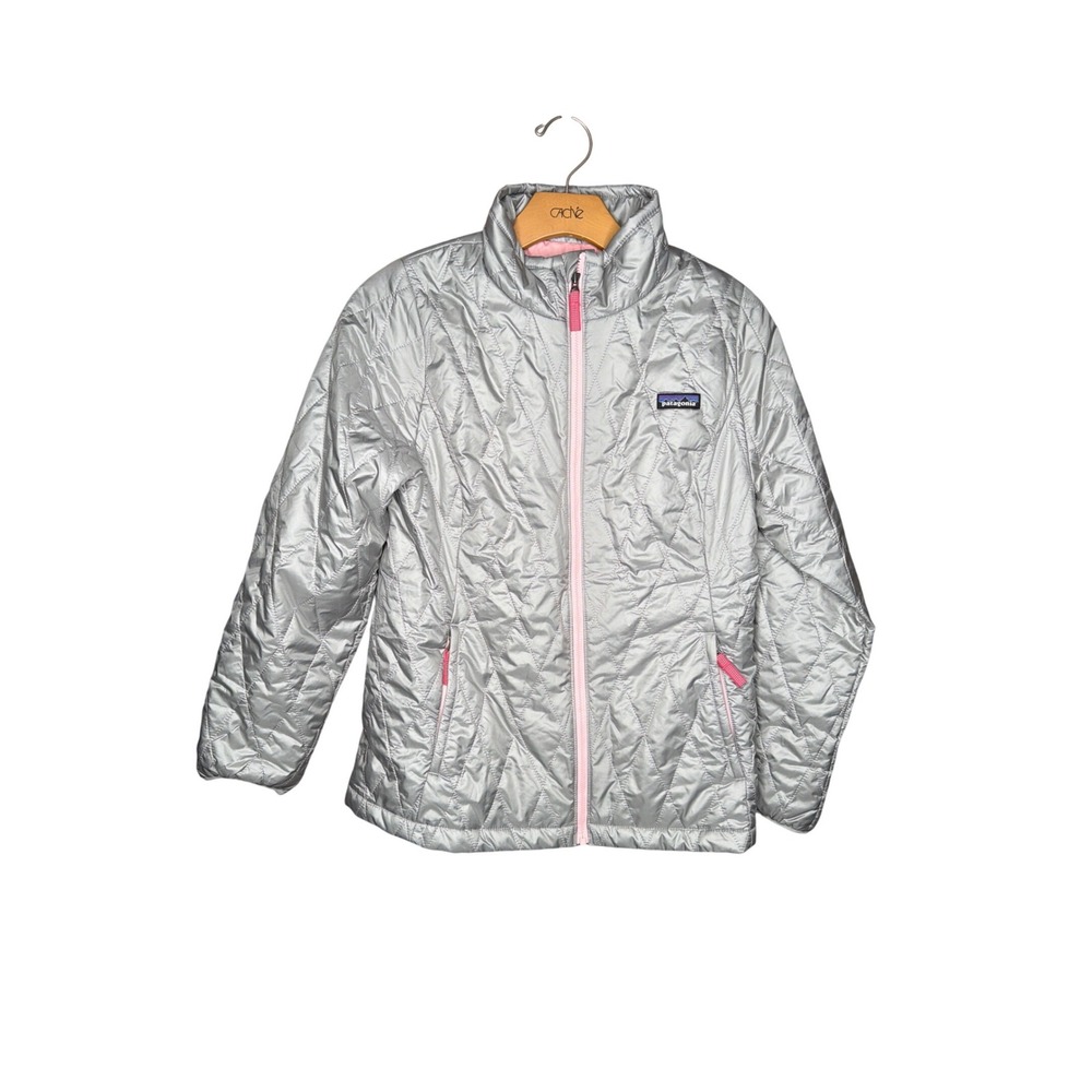Patagonia Nano Puff Jacket Girls XL 14 Silver Grey Pink Trim Quilted Insulated